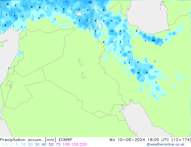 Precipitation accum. ECMWF pon. 10.06.2024 18 UTC