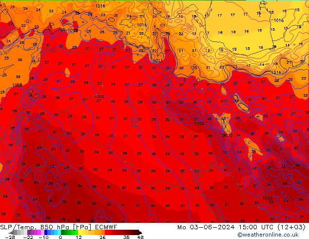 SLP/Temp. 850 hPa ECMWF Mo 03.06.2024 15 UTC