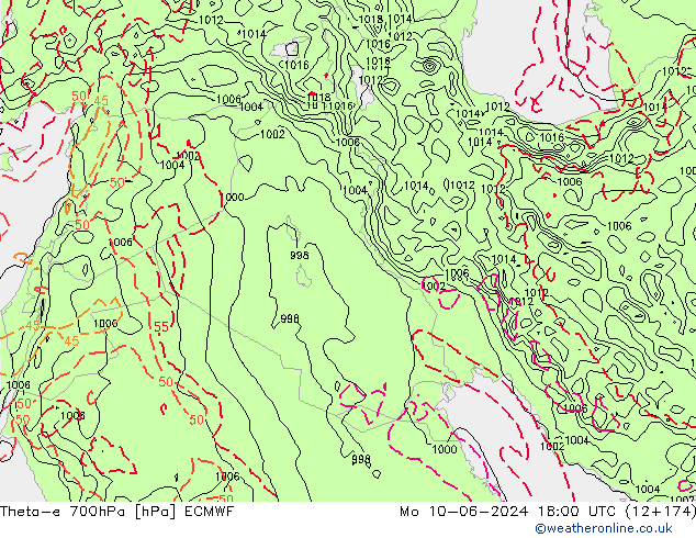 Theta-e 700hPa ECMWF lun 10.06.2024 18 UTC