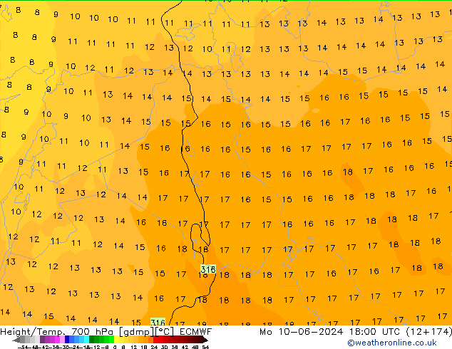 Height/Temp. 700 hPa ECMWF pon. 10.06.2024 18 UTC