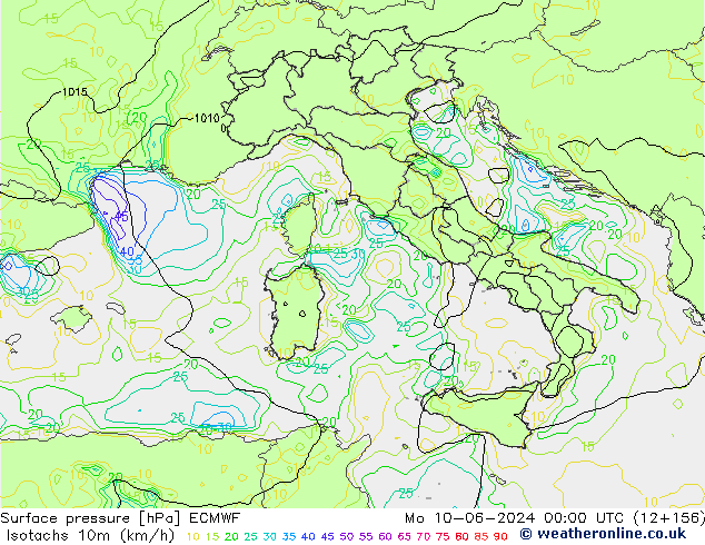 Isotachs (kph) ECMWF пн 10.06.2024 00 UTC