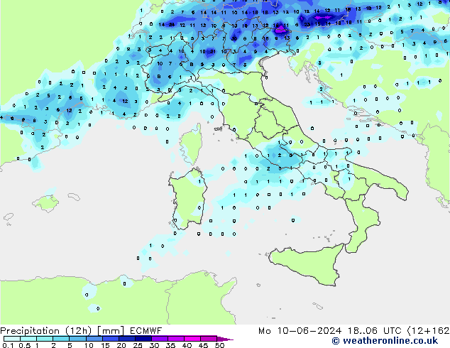 Precipitation (12h) ECMWF Mo 10.06.2024 06 UTC