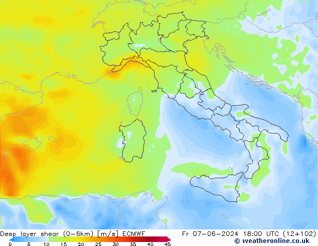 Deep layer shear (0-6km) ECMWF pt. 07.06.2024 18 UTC