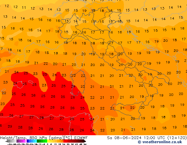 Height/Temp. 850 hPa ECMWF Sáb 08.06.2024 12 UTC