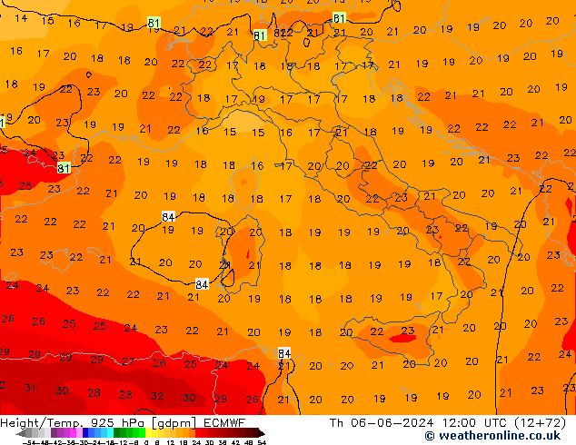 Height/Temp. 925 hPa ECMWF Qui 06.06.2024 12 UTC