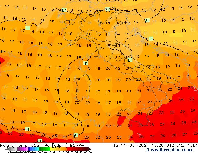 Yükseklik/Sıc. 925 hPa ECMWF Sa 11.06.2024 18 UTC