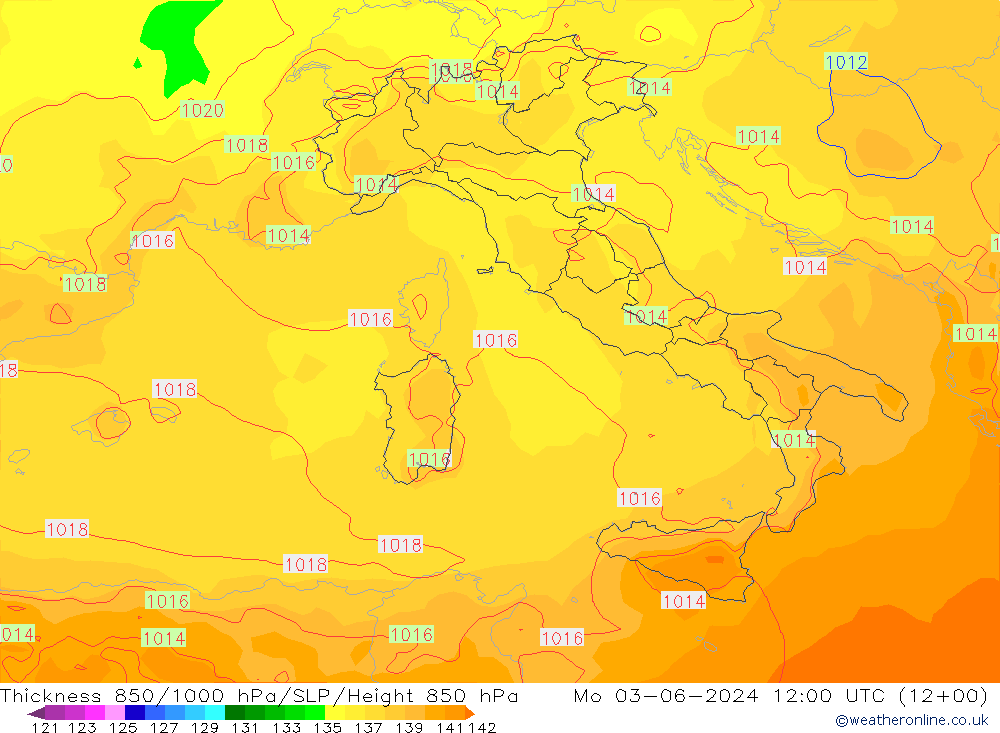 Espesor 850-1000 hPa ECMWF lun 03.06.2024 12 UTC