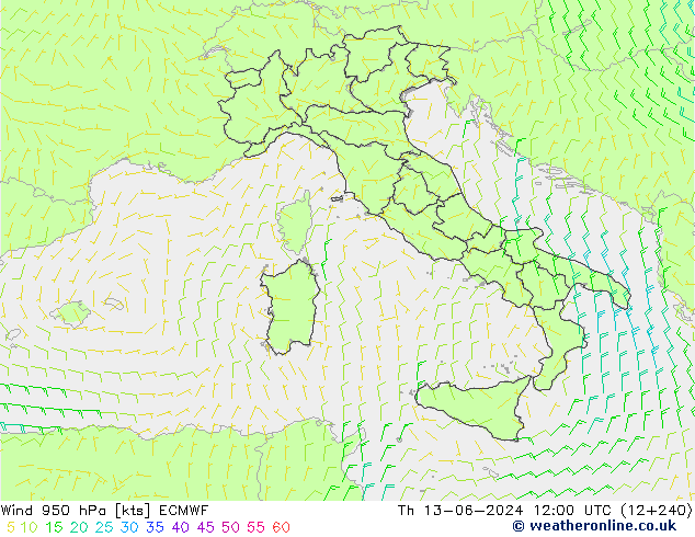 Vento 950 hPa ECMWF gio 13.06.2024 12 UTC