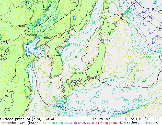 Isotachs (kph) ECMWF чт 06.06.2024 12 UTC