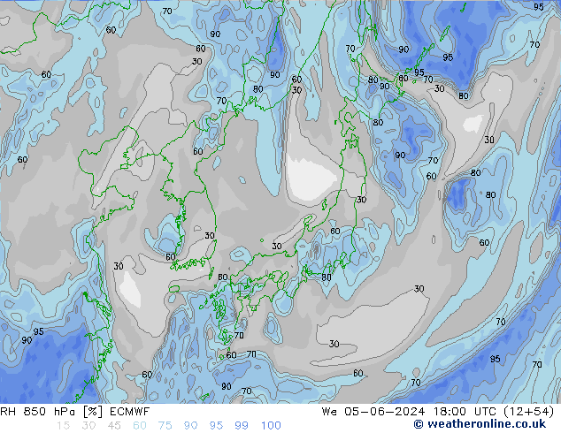 RH 850 hPa ECMWF Qua 05.06.2024 18 UTC