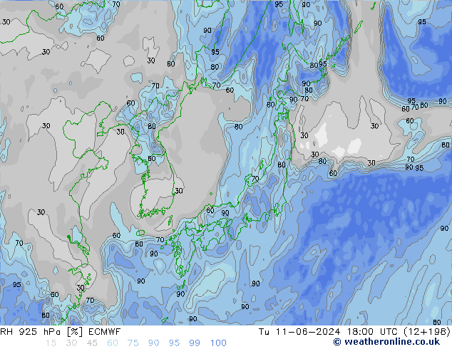 RH 925 hPa ECMWF Tu 11.06.2024 18 UTC