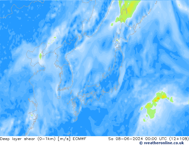 Deep layer shear (0-1km) ECMWF so. 08.06.2024 00 UTC