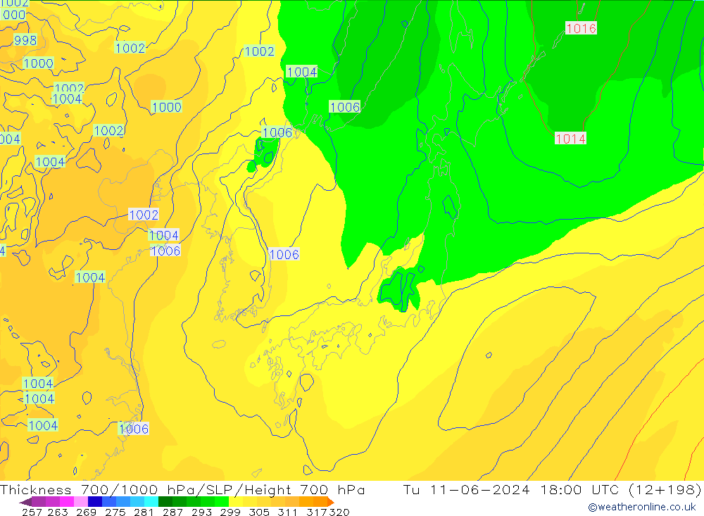 Thck 700-1000 hPa ECMWF Tu 11.06.2024 18 UTC