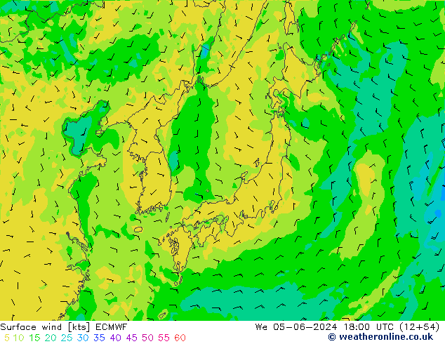 Neerslag 6h/Wind 10m/950 ECMWF wo 05.06.2024 18 UTC