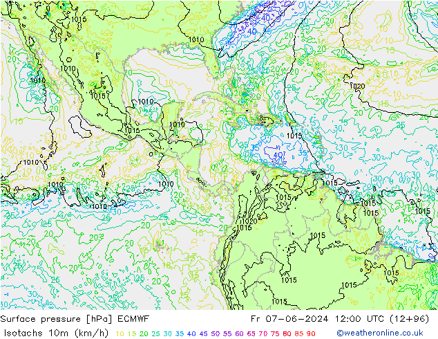 Isotachs (kph) ECMWF ven 07.06.2024 12 UTC