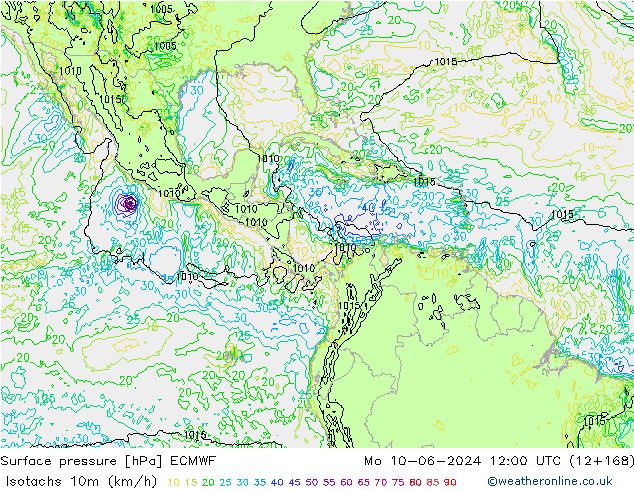 Isotachs (kph) ECMWF Mo 10.06.2024 12 UTC