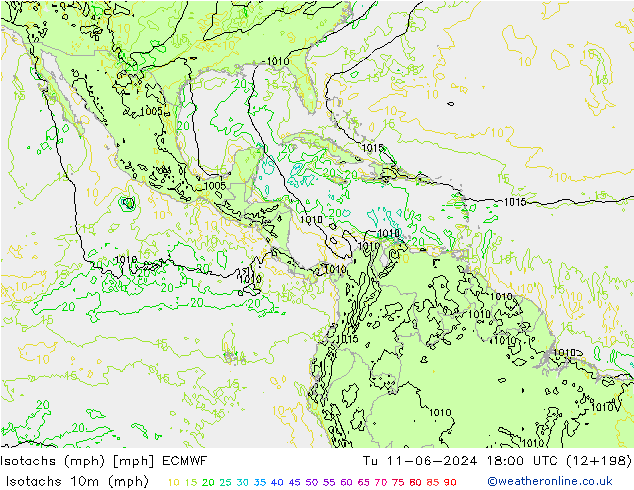 Isotachs (mph) ECMWF Út 11.06.2024 18 UTC