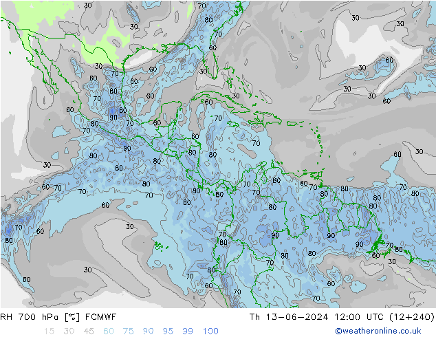 RH 700 hPa ECMWF Čt 13.06.2024 12 UTC