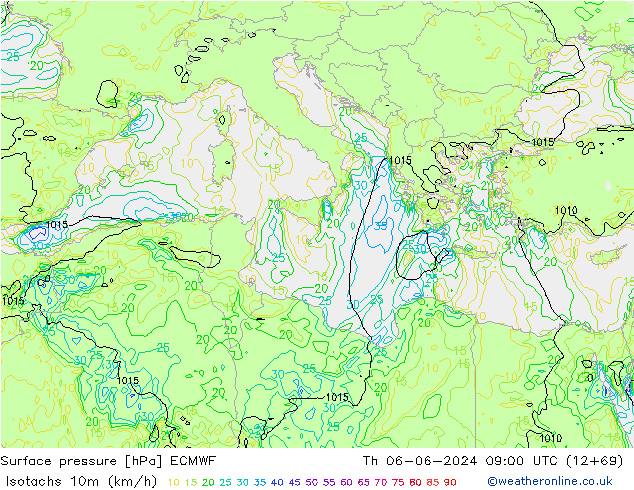 Isotachs (kph) ECMWF Th 06.06.2024 09 UTC