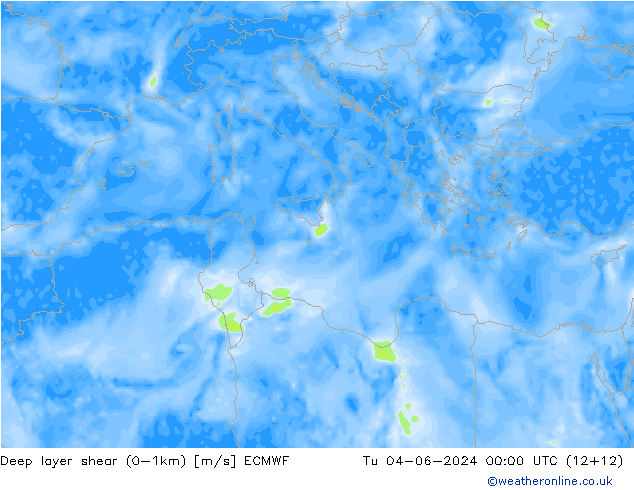 Deep layer shear (0-1km) ECMWF Ter 04.06.2024 00 UTC