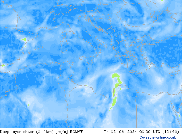 Deep layer shear (0-1km) ECMWF чт 06.06.2024 00 UTC