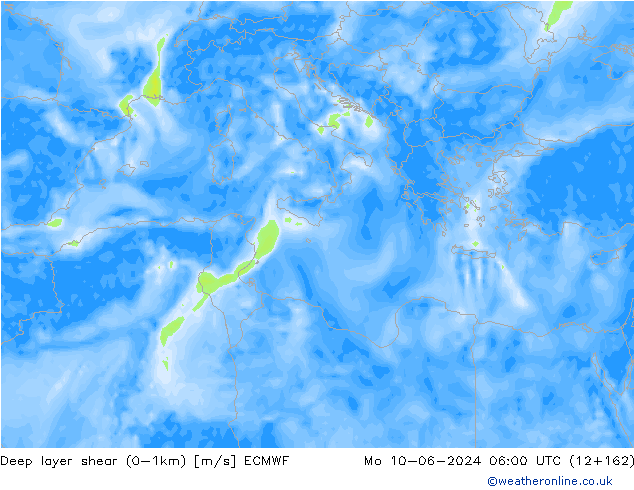 Deep layer shear (0-1km) ECMWF  10.06.2024 06 UTC