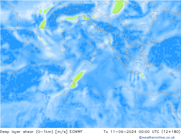 Deep layer shear (0-1km) ECMWF Út 11.06.2024 00 UTC