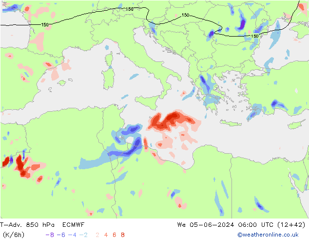 T-Adv. 850 hPa ECMWF mer 05.06.2024 06 UTC