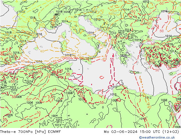 Theta-e 700hPa ECMWF Mo 03.06.2024 15 UTC