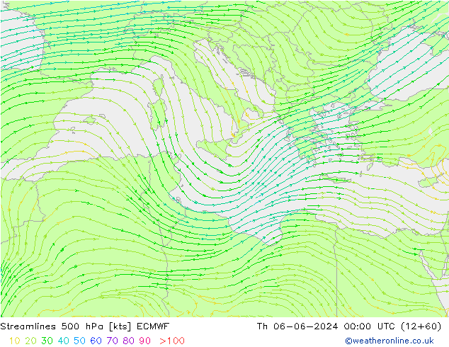 Streamlines 500 hPa ECMWF Čt 06.06.2024 00 UTC