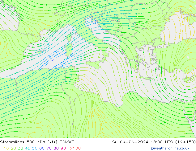 Streamlines 500 hPa ECMWF Su 09.06.2024 18 UTC