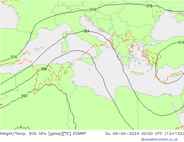 Z500/Yağmur (+YB)/Z850 ECMWF Paz 09.06.2024 00 UTC