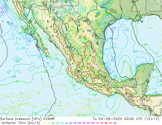 Isotachs (kph) ECMWF вт 04.06.2024 00 UTC