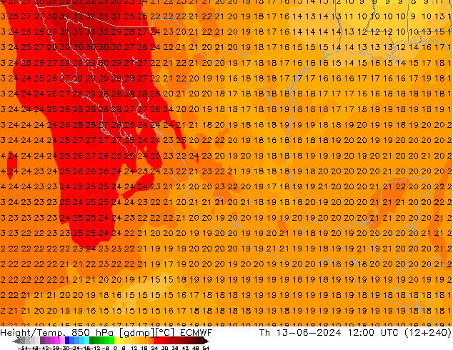 Geop./Temp. 850 hPa ECMWF jue 13.06.2024 12 UTC