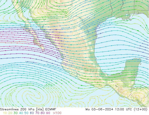 Linia prądu 200 hPa ECMWF pon. 03.06.2024 12 UTC