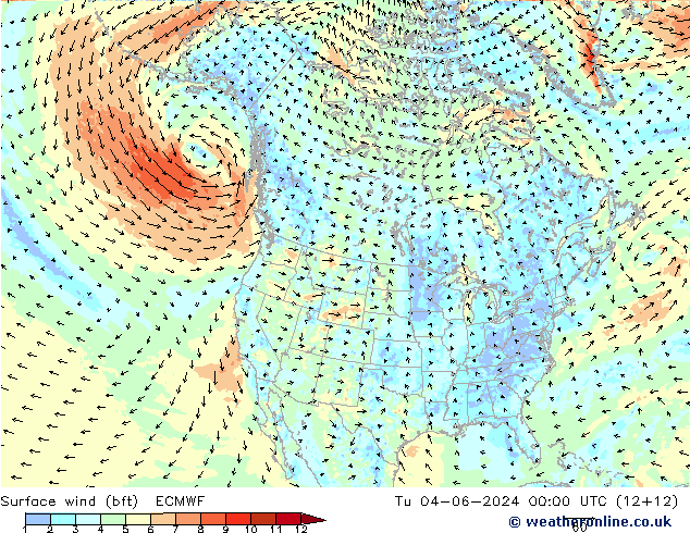 Surface wind (bft) ECMWF Tu 04.06.2024 00 UTC