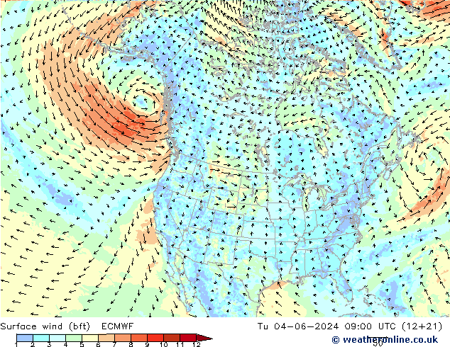 Viento 10 m (bft) ECMWF mar 04.06.2024 09 UTC