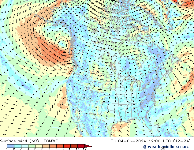 Viento 10 m (bft) ECMWF mar 04.06.2024 12 UTC