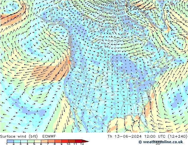 Bodenwind (bft) ECMWF Do 13.06.2024 12 UTC