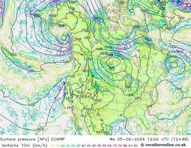 Isotachen (km/h) ECMWF Mi 05.06.2024 12 UTC