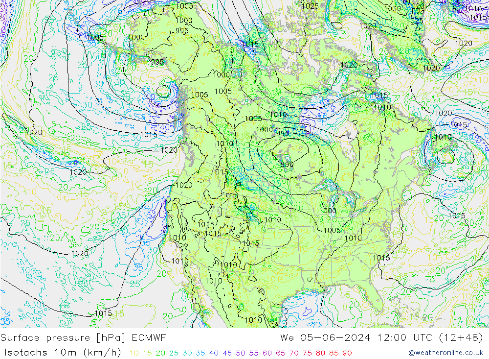 Isotachen (km/h) ECMWF Mi 05.06.2024 12 UTC