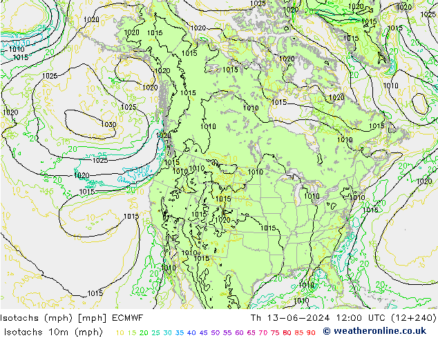 Isotachen (mph) ECMWF Do 13.06.2024 12 UTC