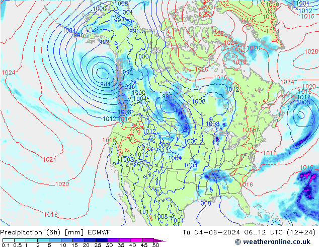 Z500/Rain (+SLP)/Z850 ECMWF wto. 04.06.2024 12 UTC