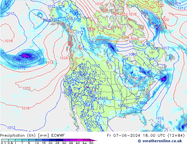 осадки (6h) ECMWF пт 07.06.2024 00 UTC