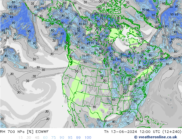 RH 700 hPa ECMWF Qui 13.06.2024 12 UTC