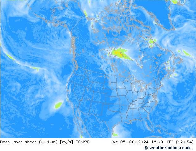 Deep layer shear (0-1km) ECMWF Qua 05.06.2024 18 UTC