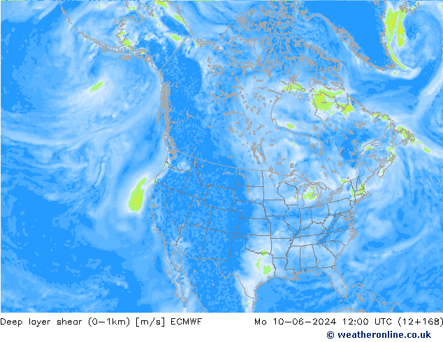 Deep layer shear (0-1km) ECMWF Po 10.06.2024 12 UTC