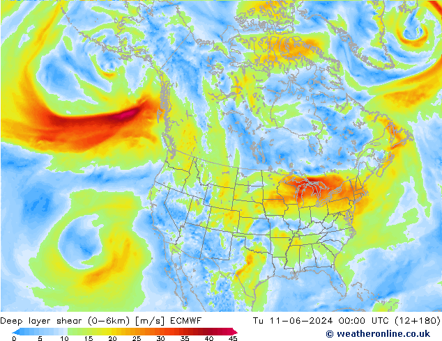 Deep layer shear (0-6km) ECMWF Ter 11.06.2024 00 UTC