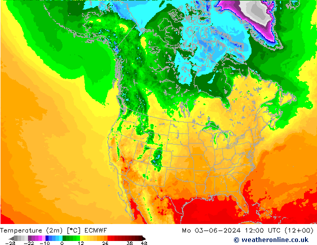 Temperatura (2m) ECMWF Seg 03.06.2024 12 UTC