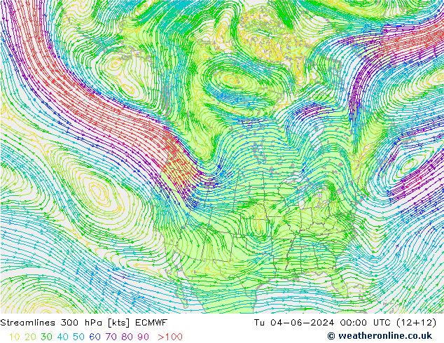 Linea di flusso 300 hPa ECMWF mar 04.06.2024 00 UTC